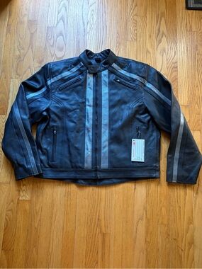 Men's Black Leather Jacket with Gray Racing Stripes